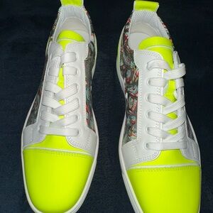 Christian Louboutin Men’s Neon Yellow and White Lace-Up Sneakers - Authentic